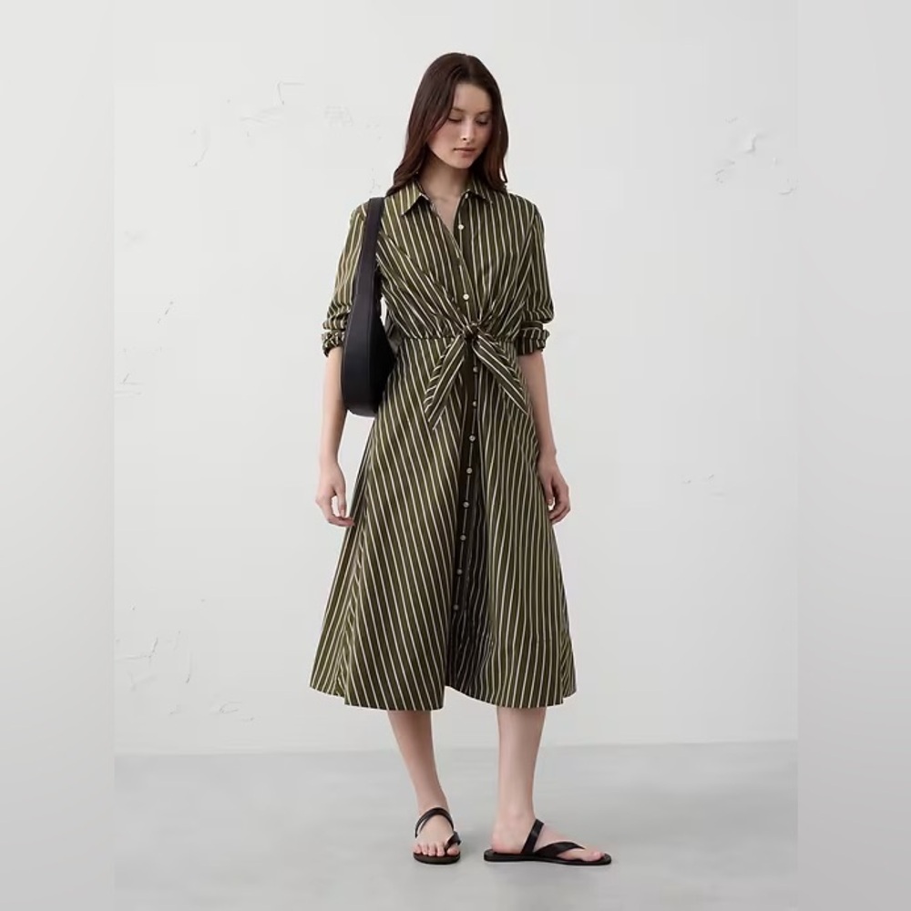 Banana Republic Olive and Cream Striped Midi Shirt Dress